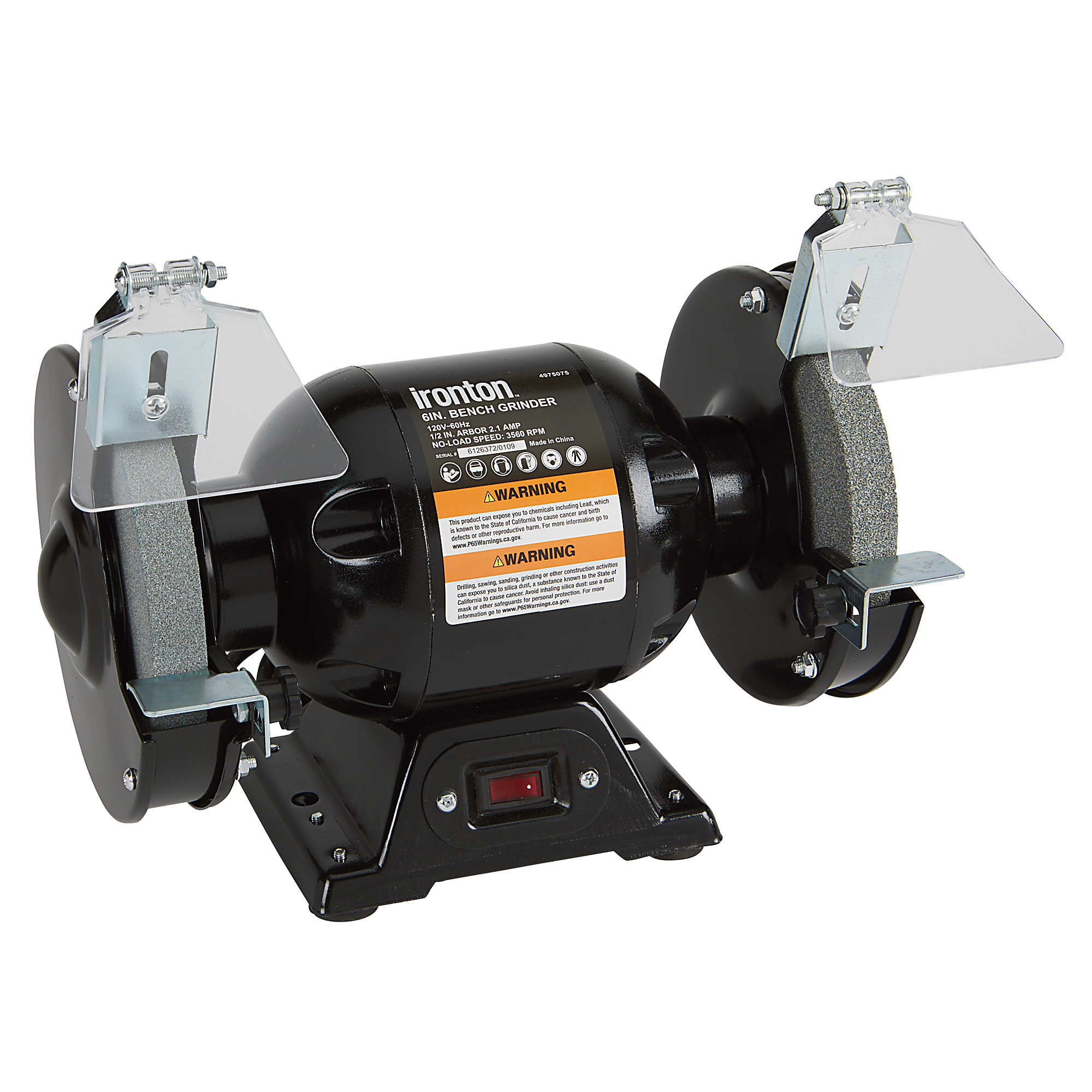 Ironton Benchtop Grinder with 6in. Wheel, 2.1 Amps, 1/2 HP, 3560 RPM Max. Speed